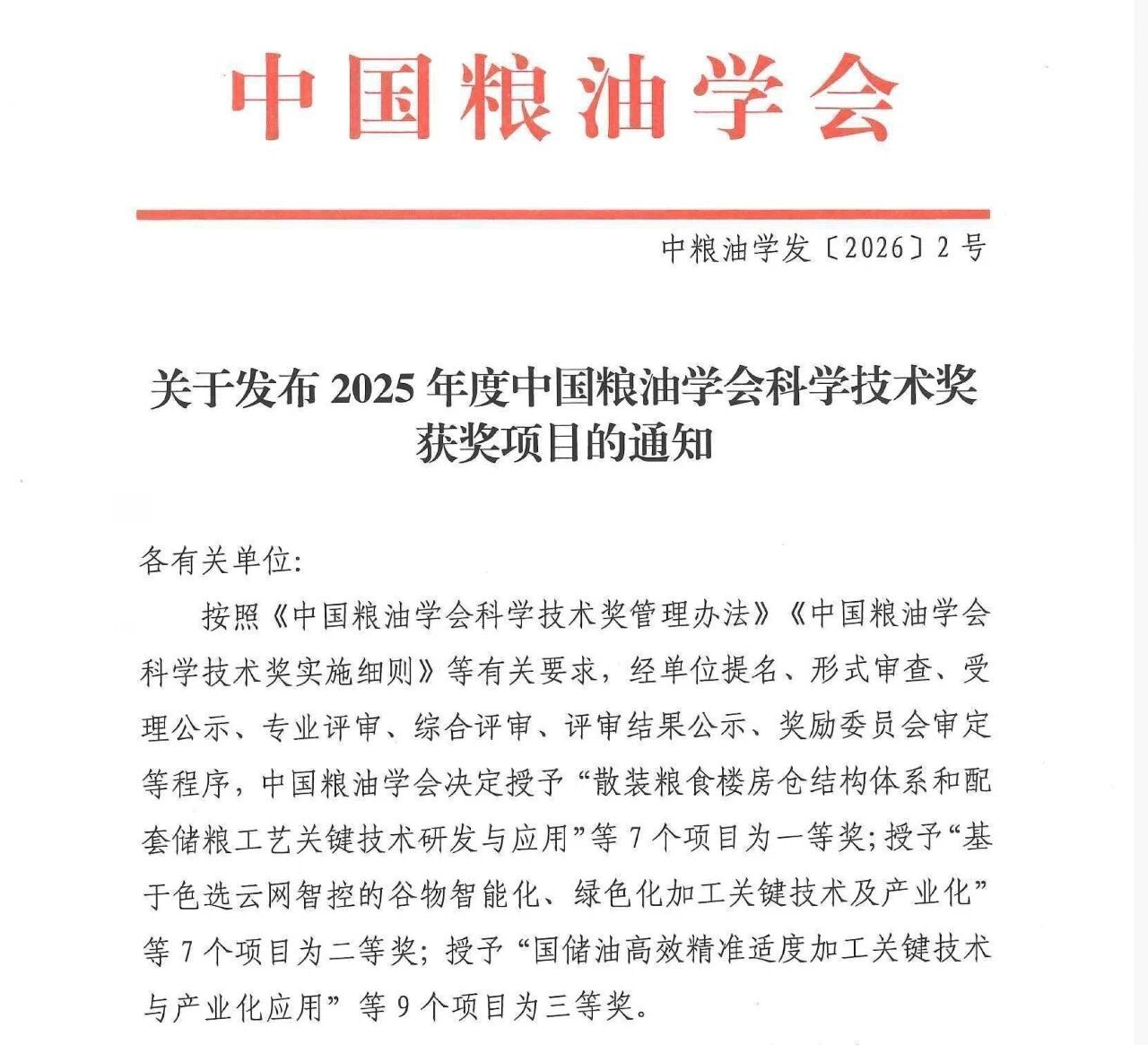 2025年度中國糧油學會科學技術獎獲獎項目通知